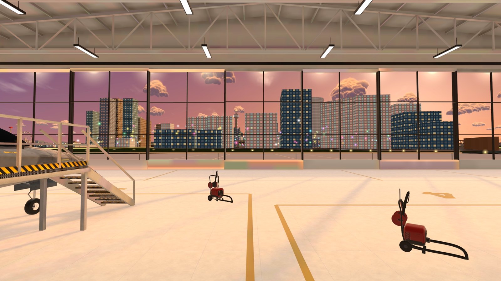Your glass hangar, the skyline through the doors at golden hour