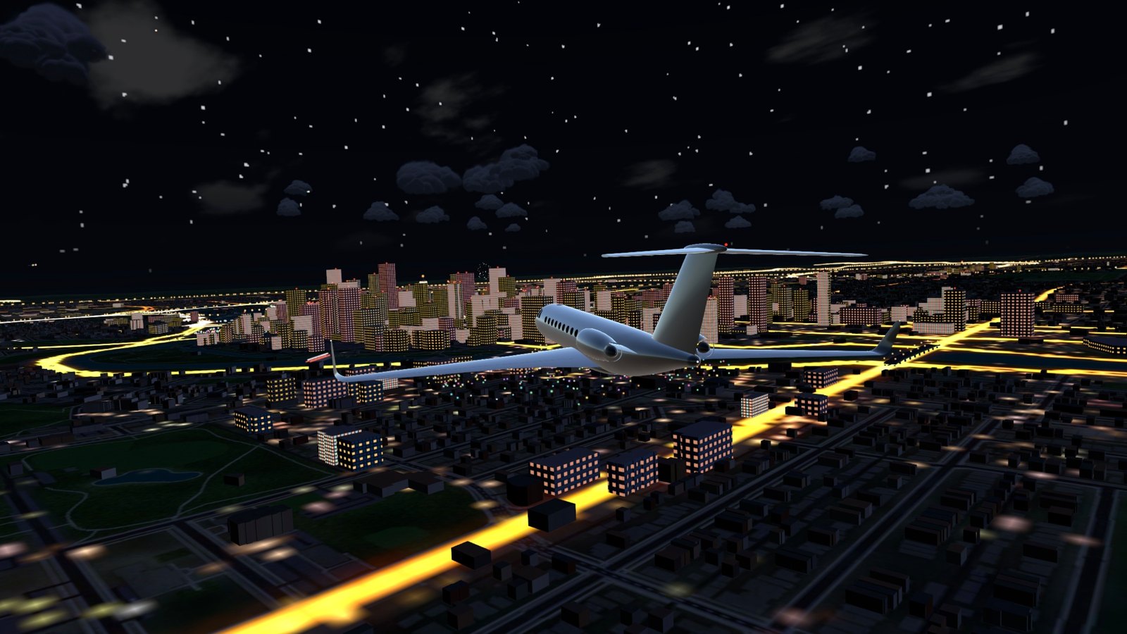A private jet over downtown Calgary at night