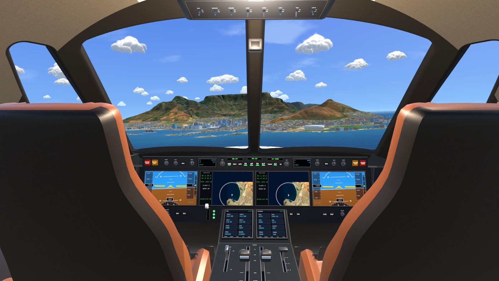 The private jet's flight deck with Table Mountain ahead