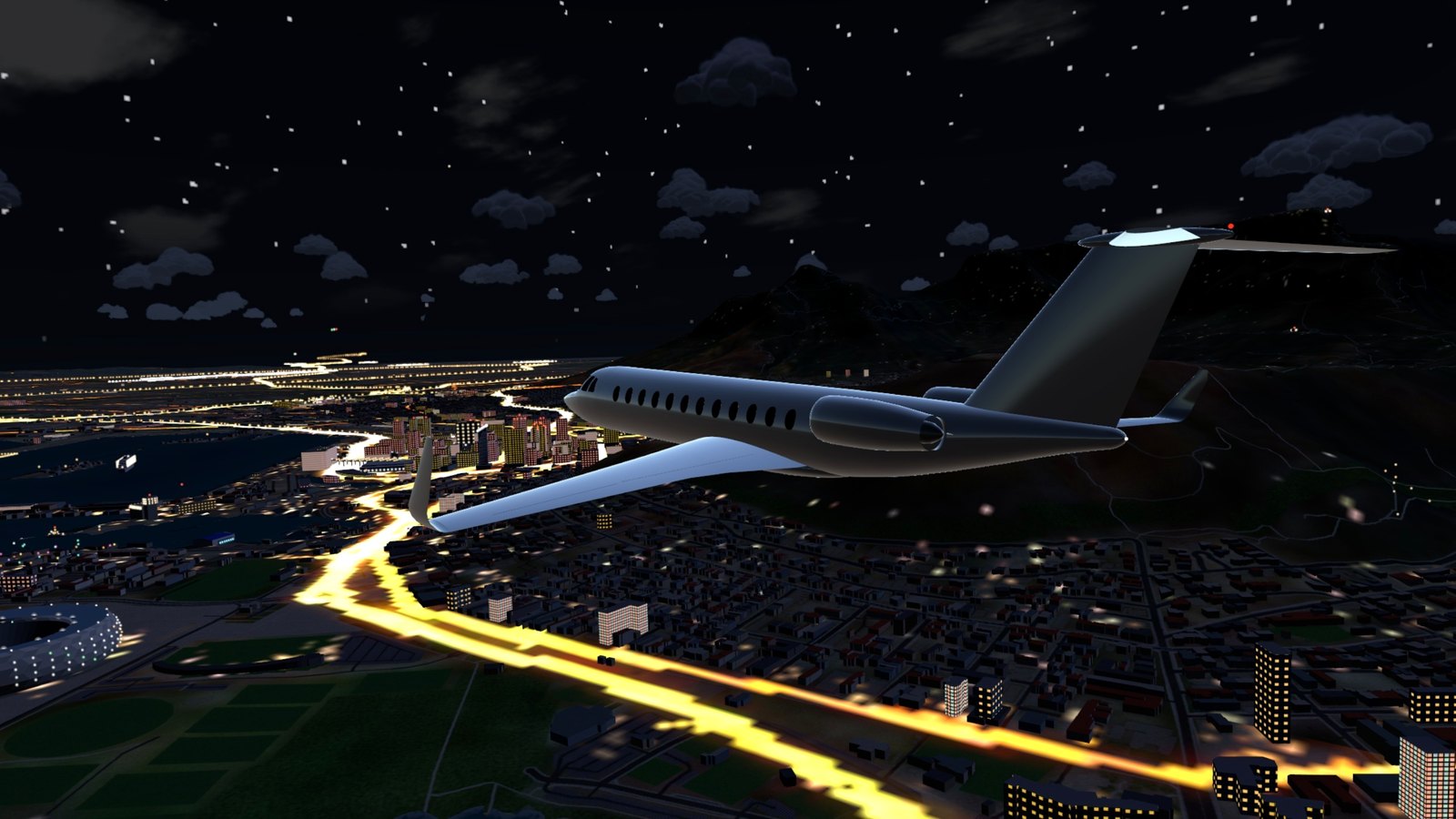 The jet over the city at night