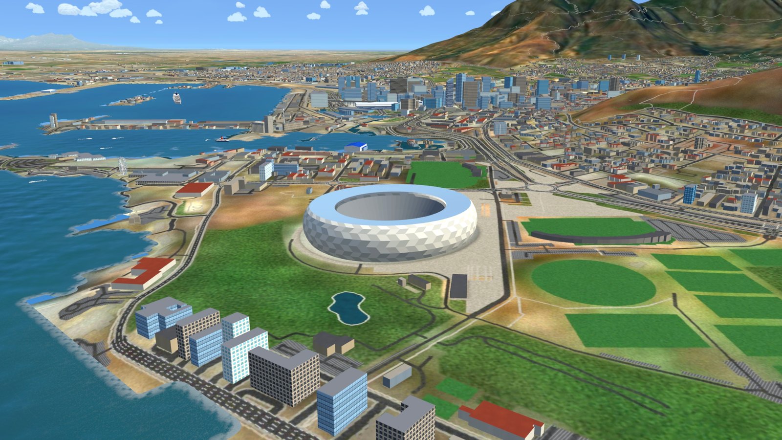 Cape Town Stadium and the city from the air