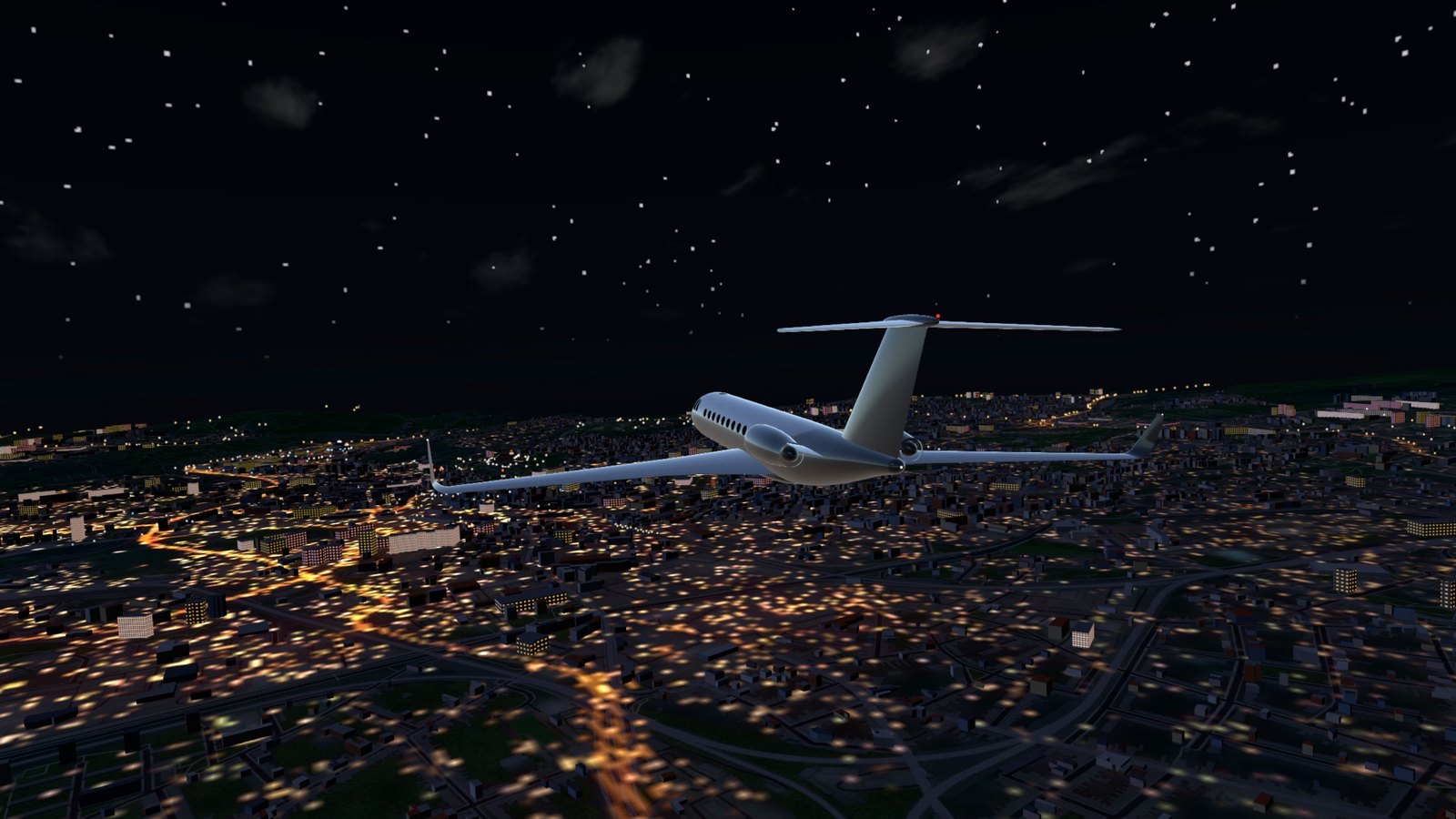 The jet over the city at night