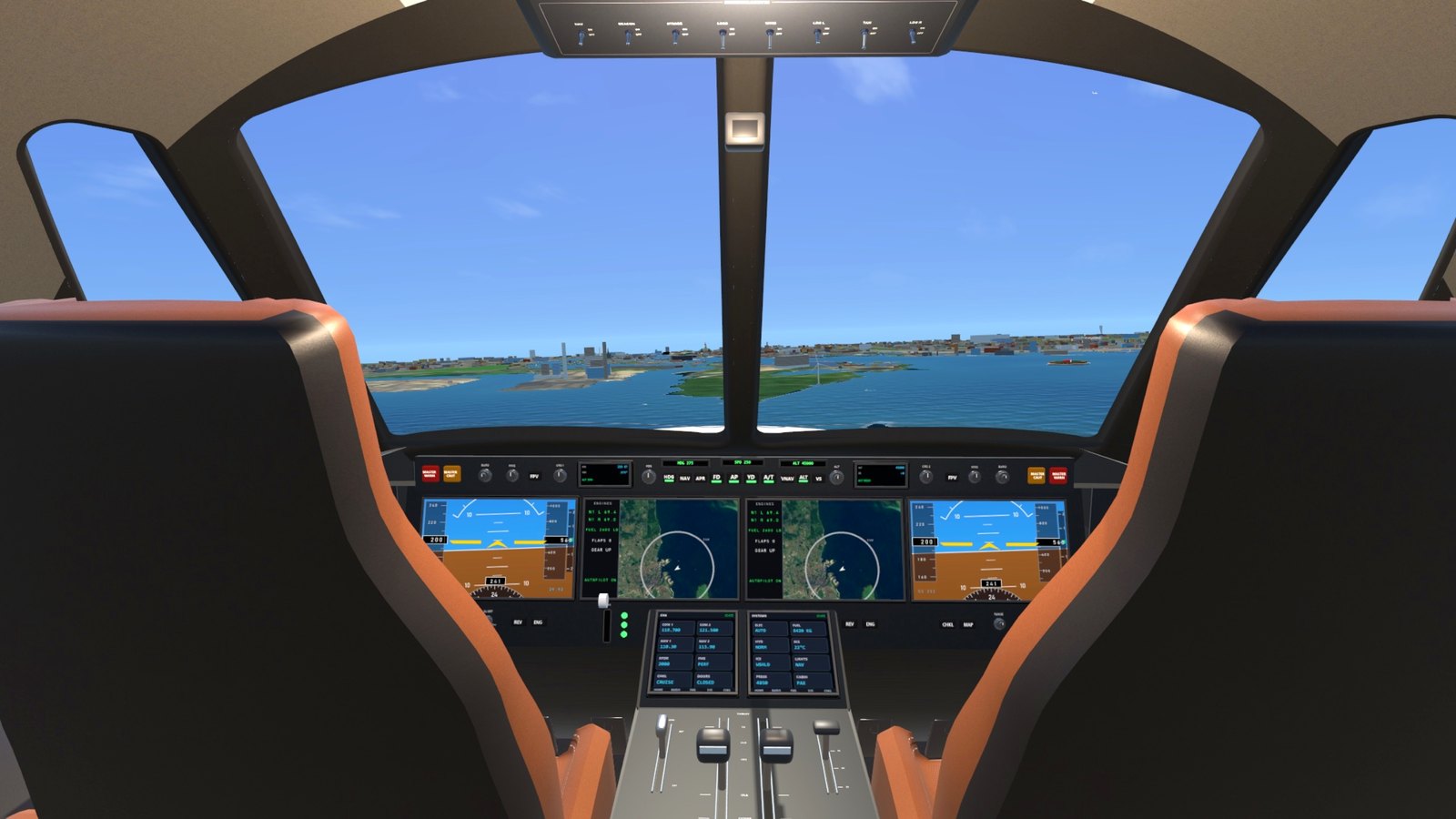 The private jet's flight deck in over the harbour