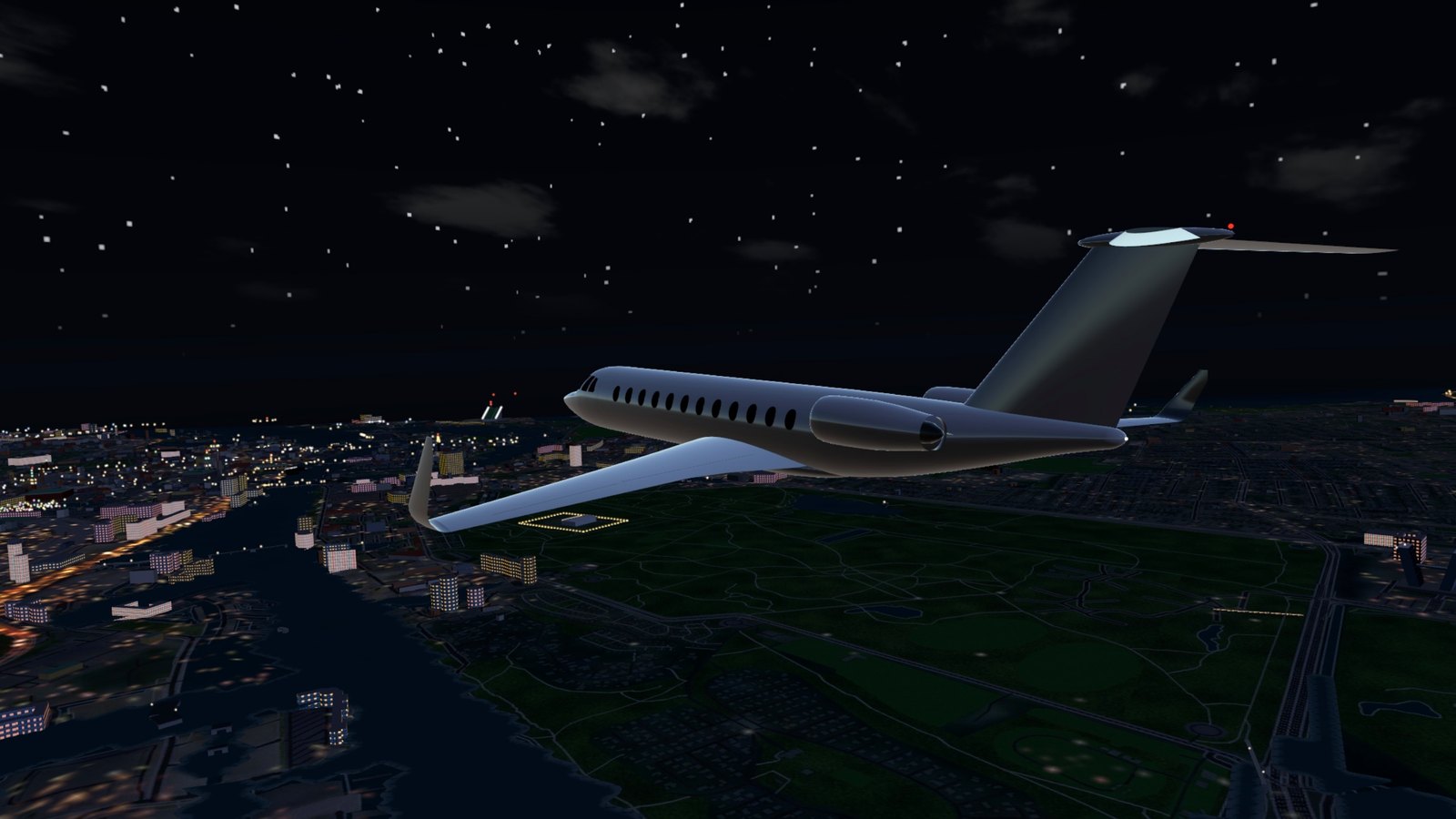 The jet over the city at night