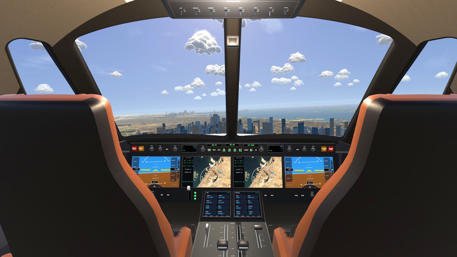 The private jet's glass cockpit with Downtown Dubai ahead