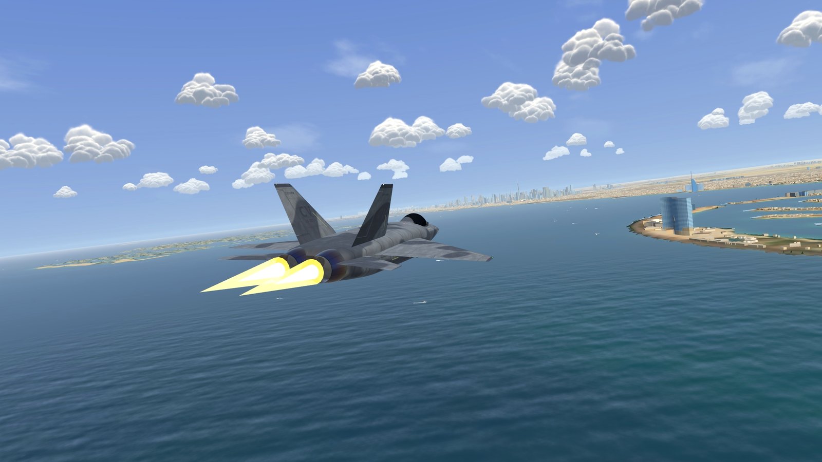 The fighter low over the Gulf toward the Burj Al Arab