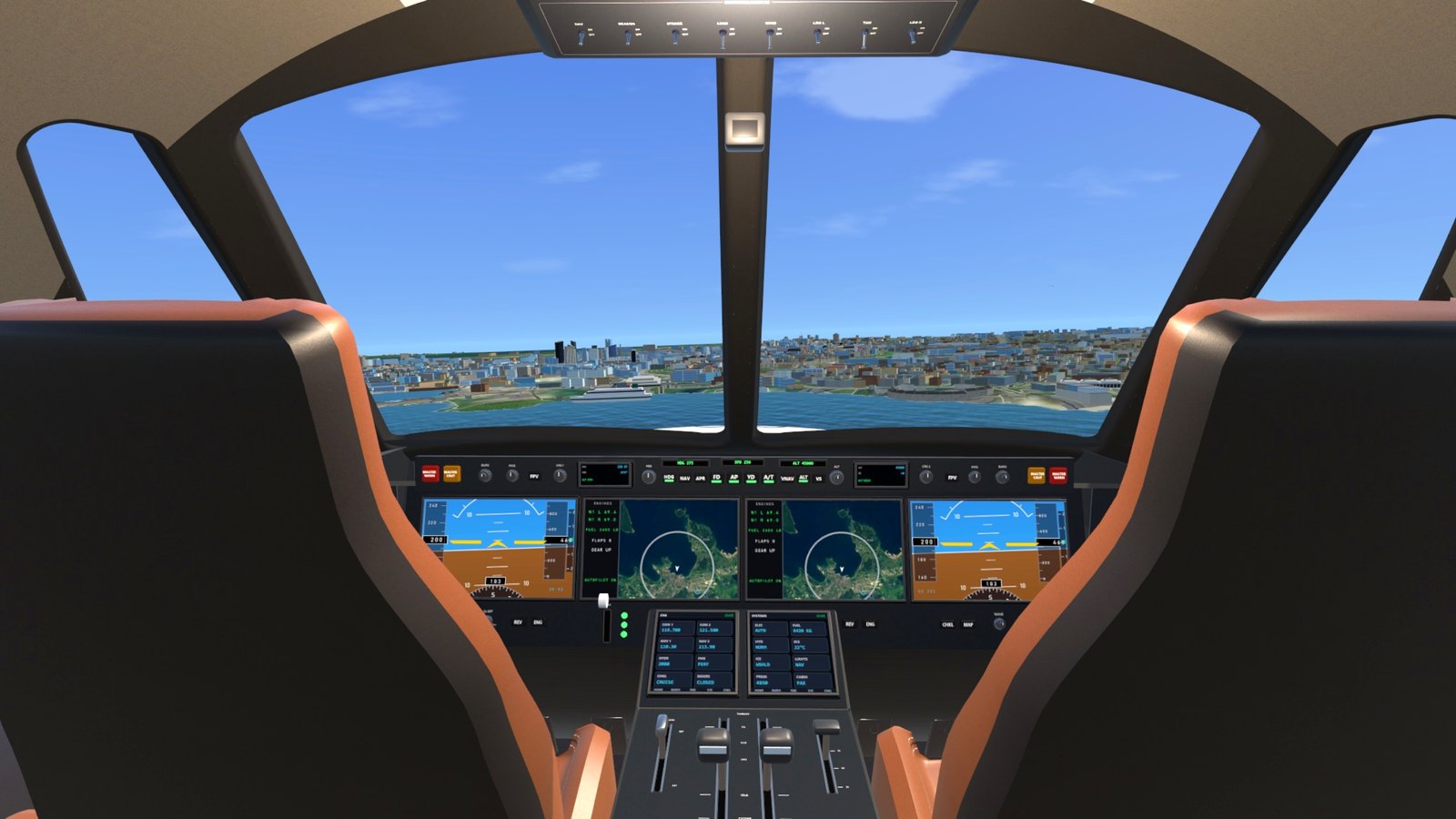 The private jet's flight deck over Tallinn Bay