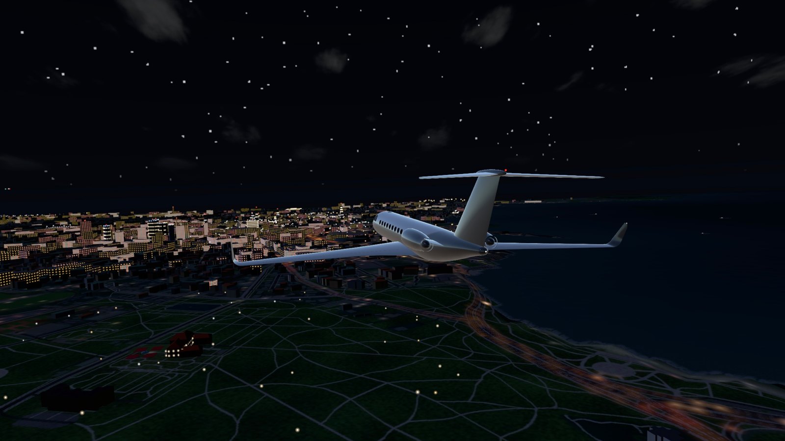 The jet over the city at night