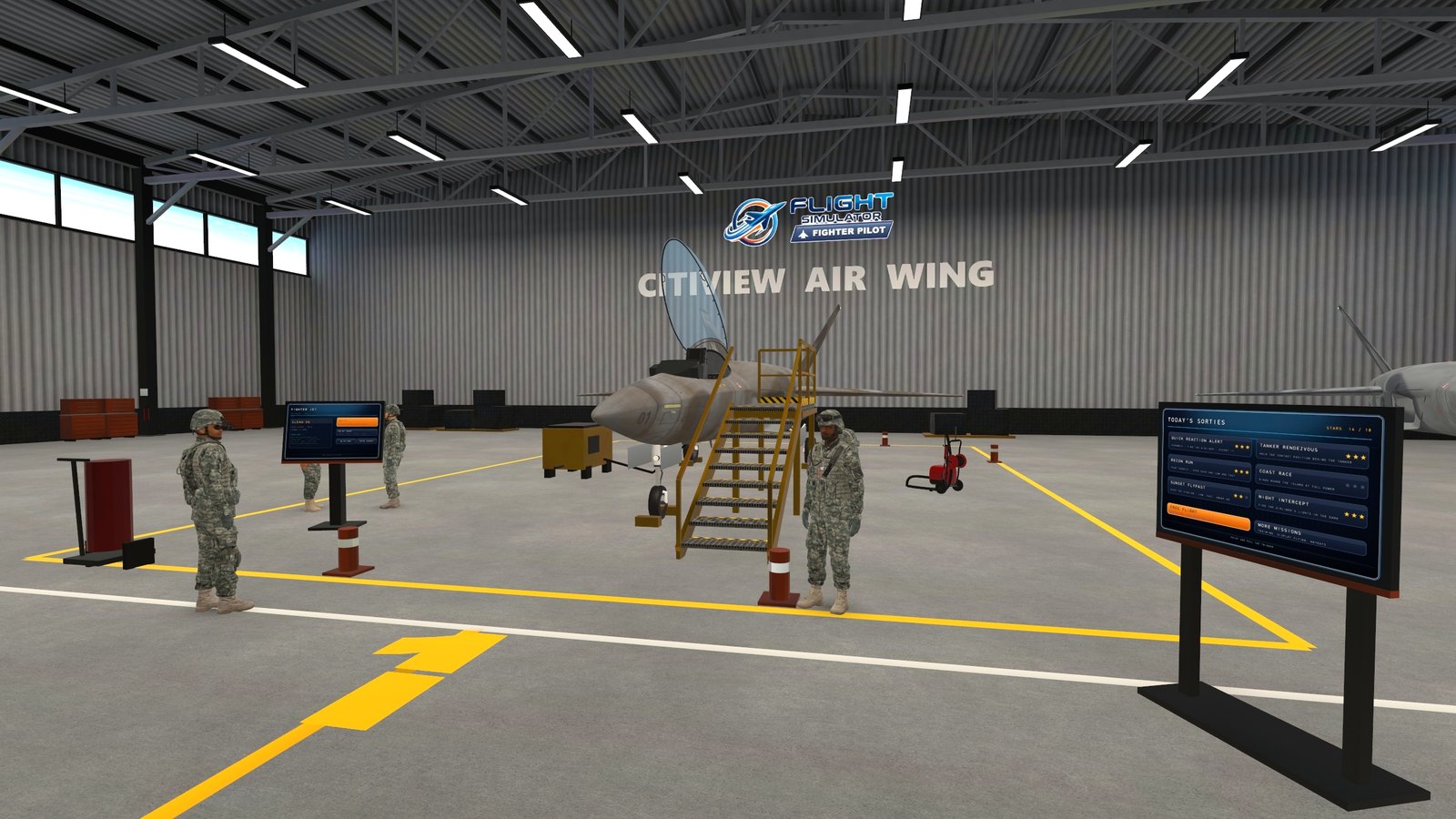 The squadron hangar with the ground crew around the jet