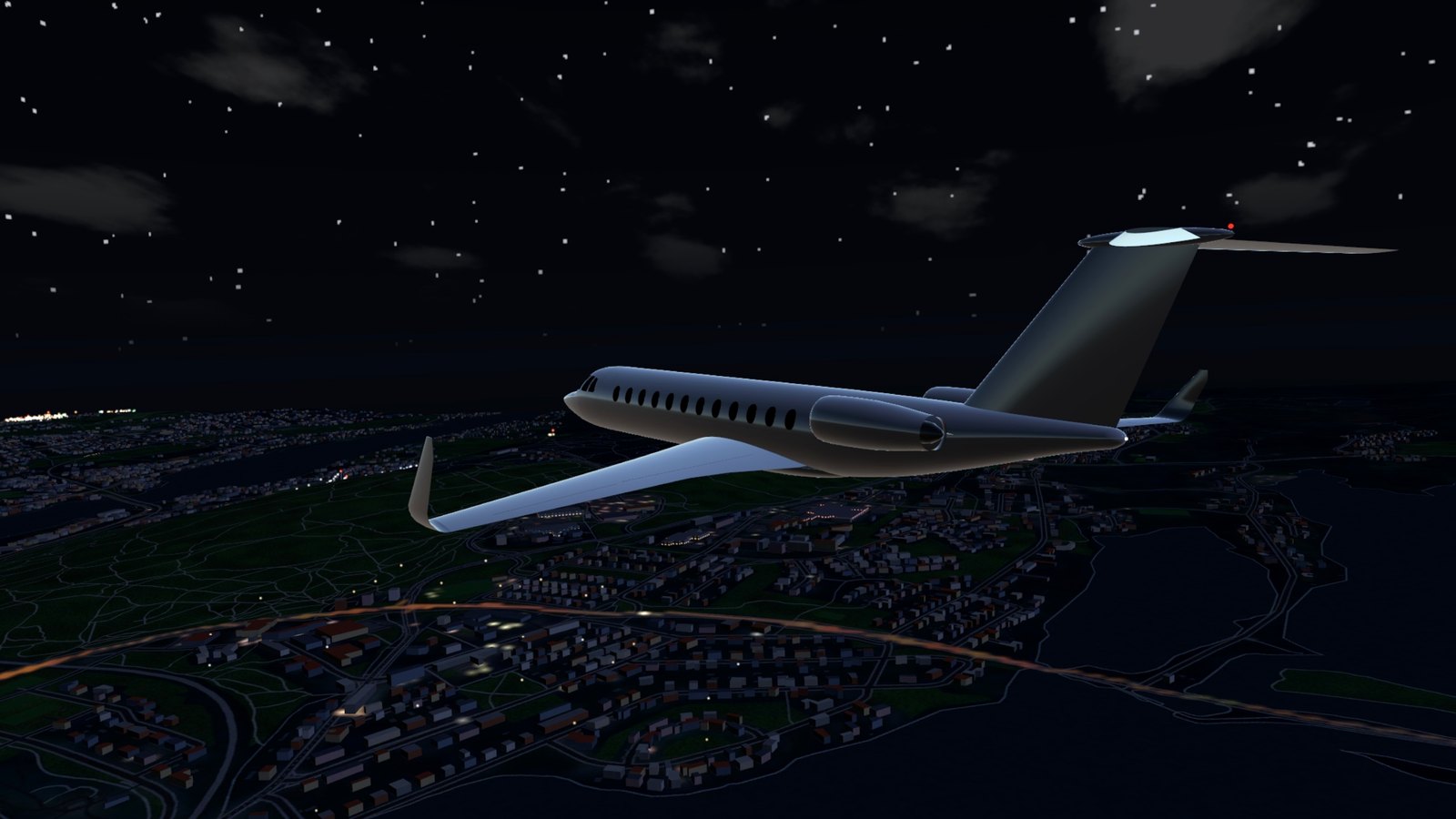 The jet over the city at night