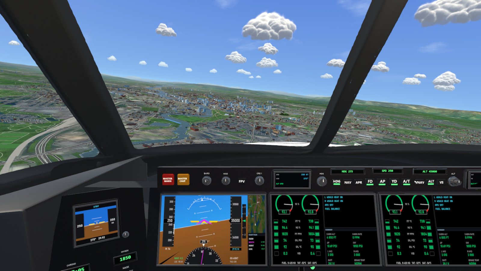 The private jet's flight deck over the city