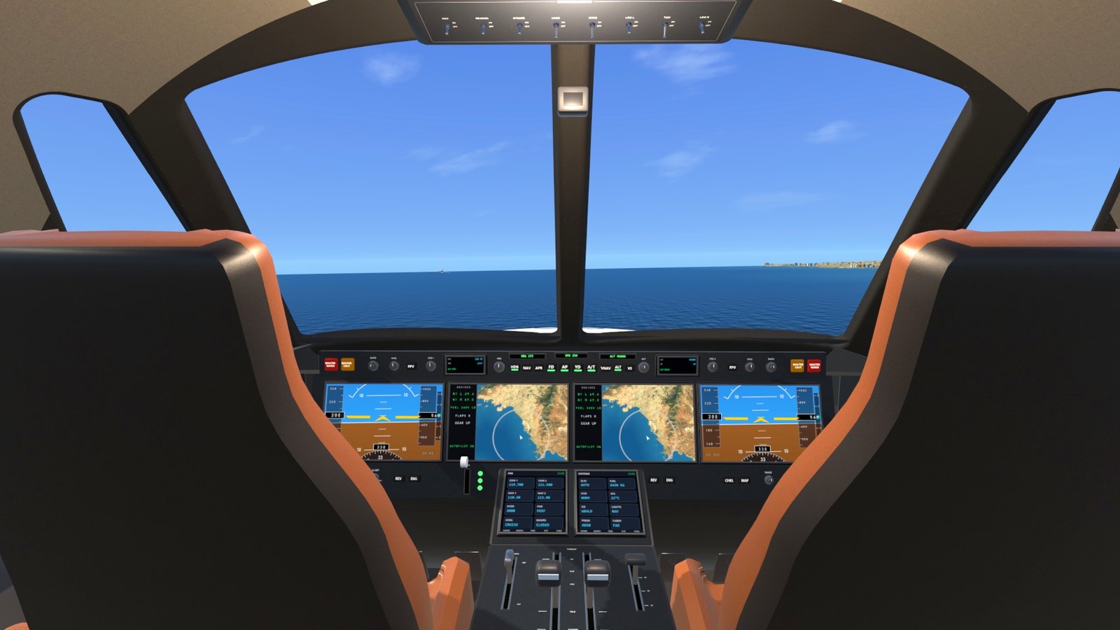 The private jet's flight deck over the Saronic Gulf