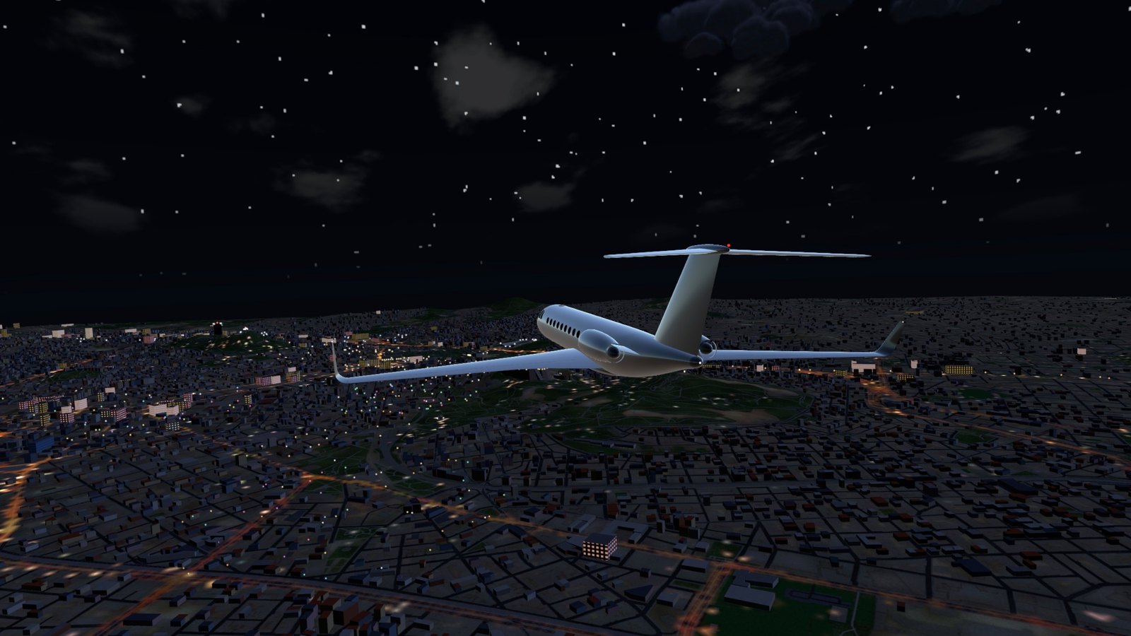The jet over the city at night