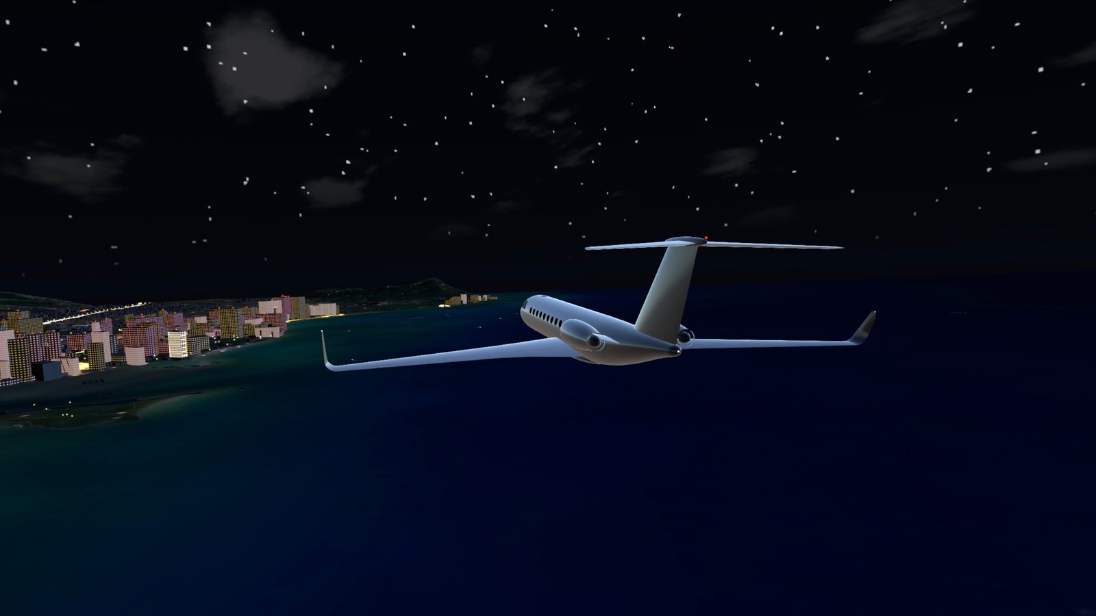 The jet over the city at night