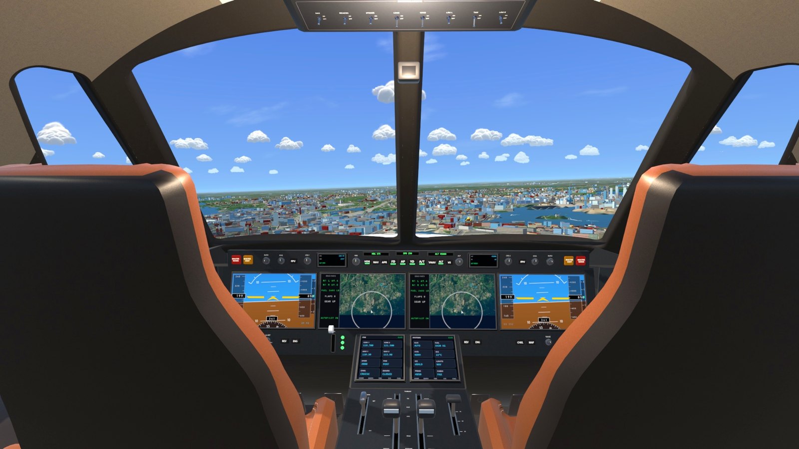 The private jet's flight deck over the South Harbour