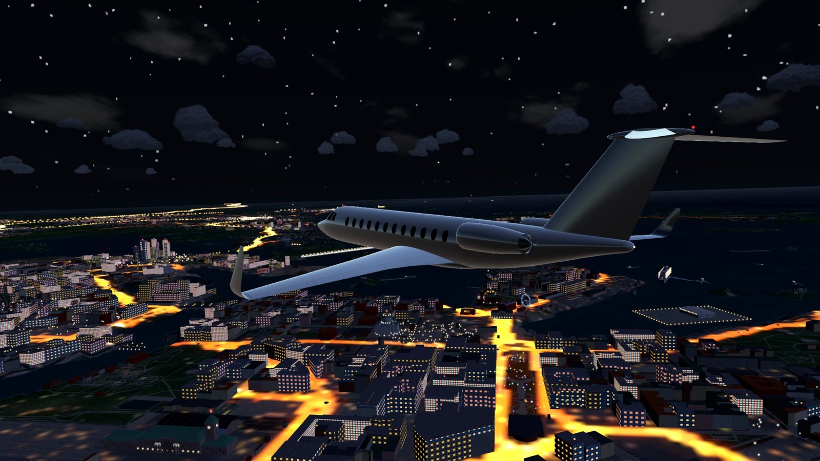 A long-range jet over the lit centre at night