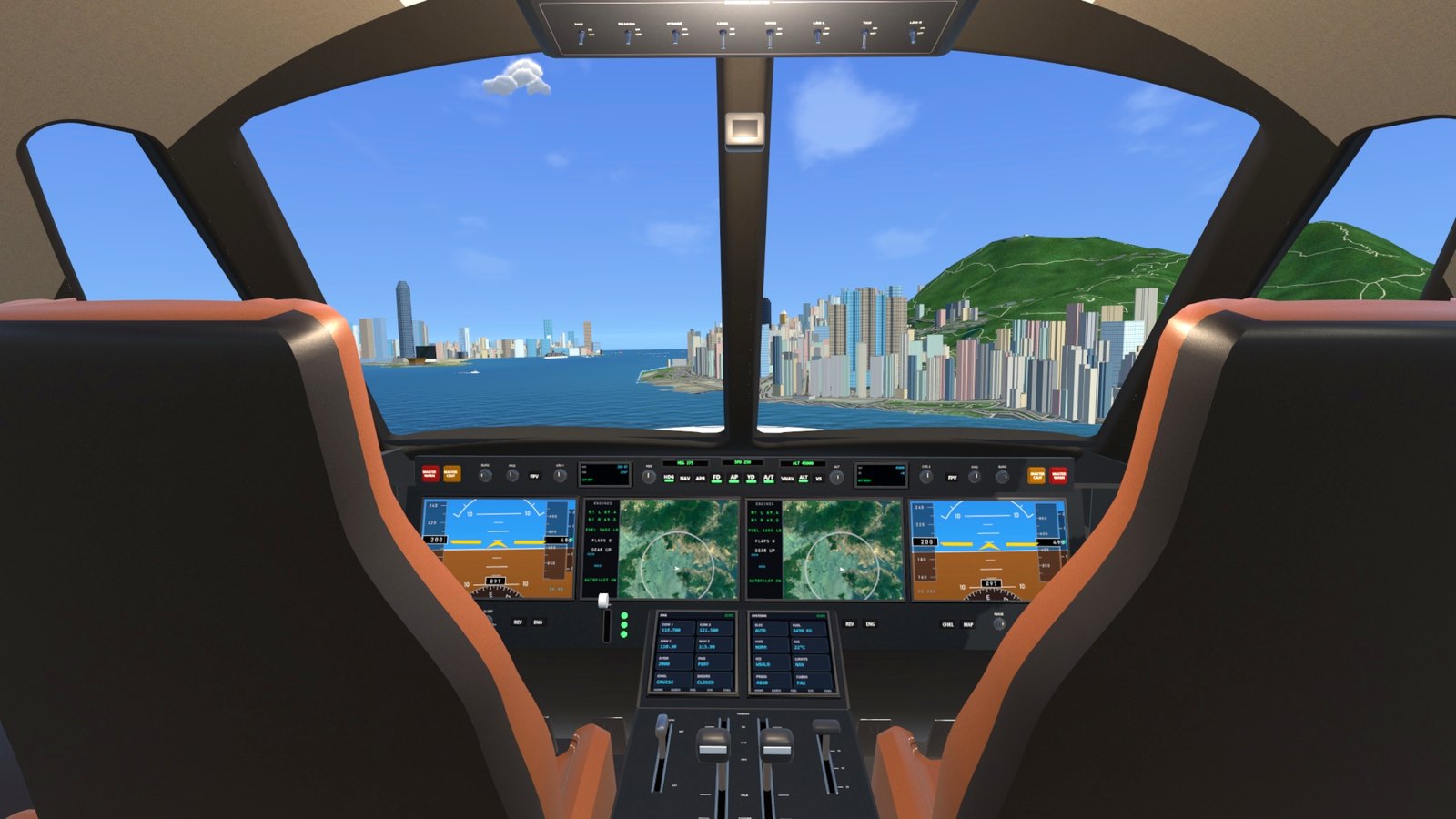 The private jet's flight deck over Victoria Harbour