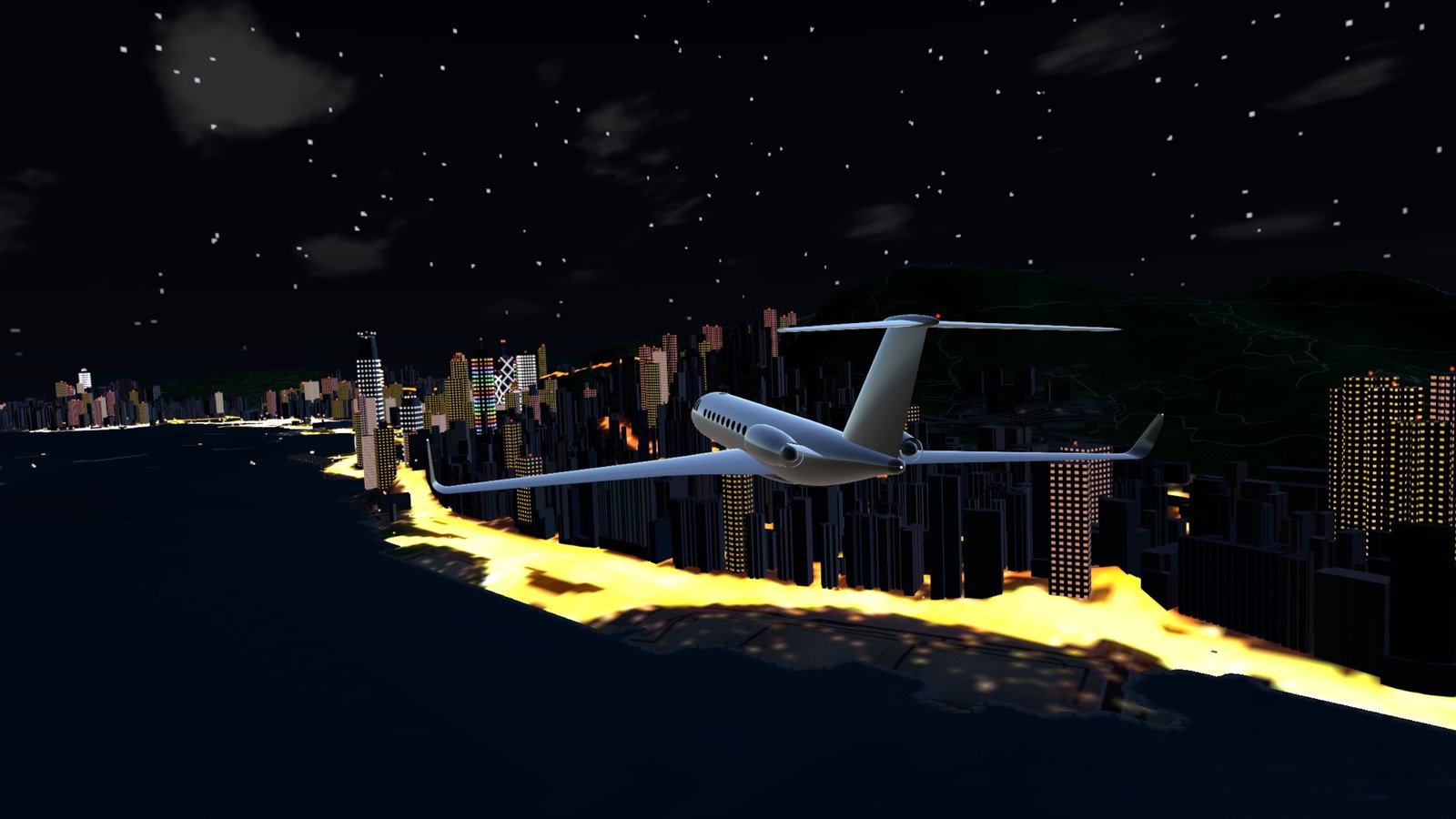 The jet over the city at night