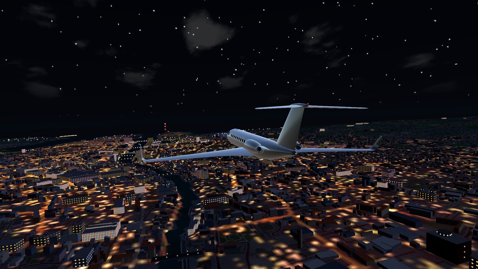 The jet over the city at night