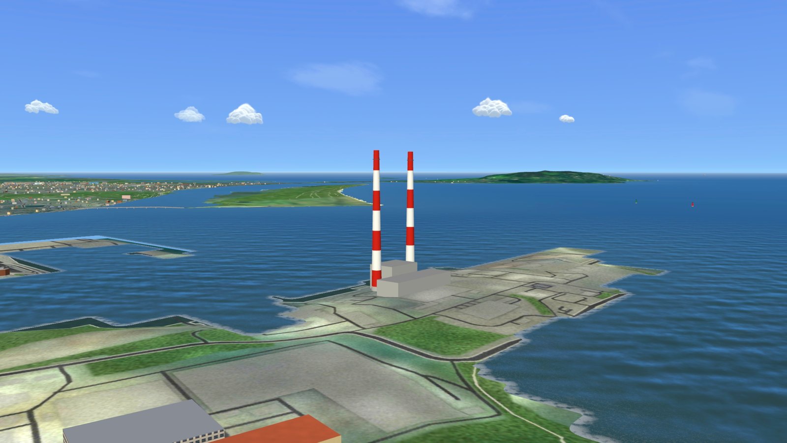 The Poolbeg chimneys and the bay from the air