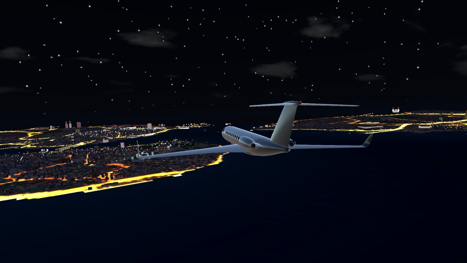 The jet over the city at night