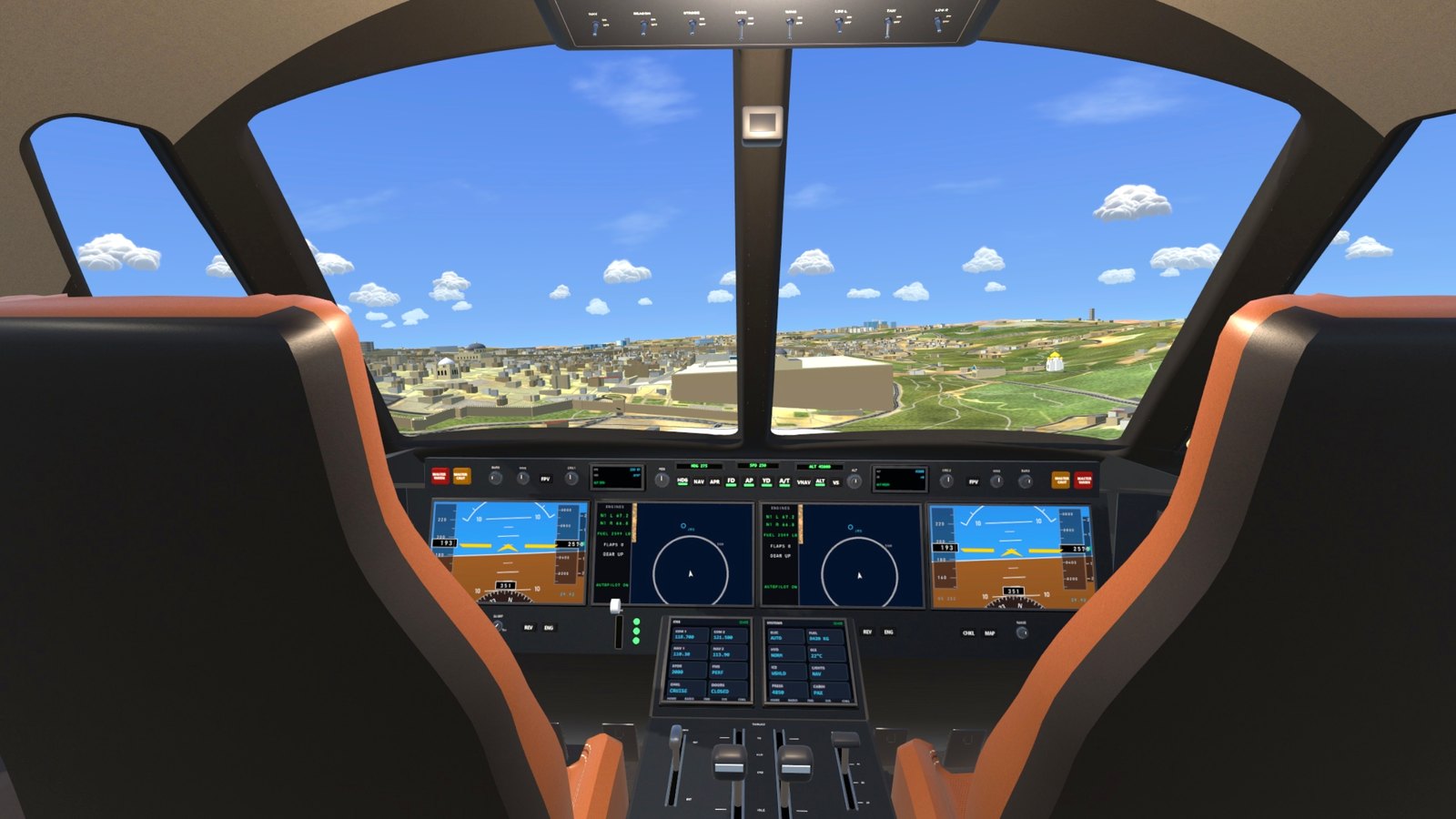 The private jet's flight deck over the Old City