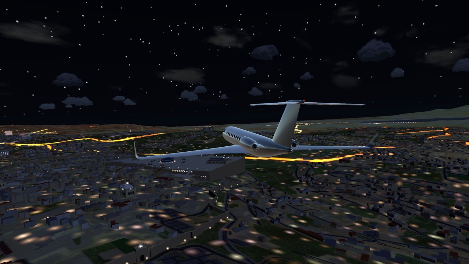 A private jet over the floodlit Old City walls at night