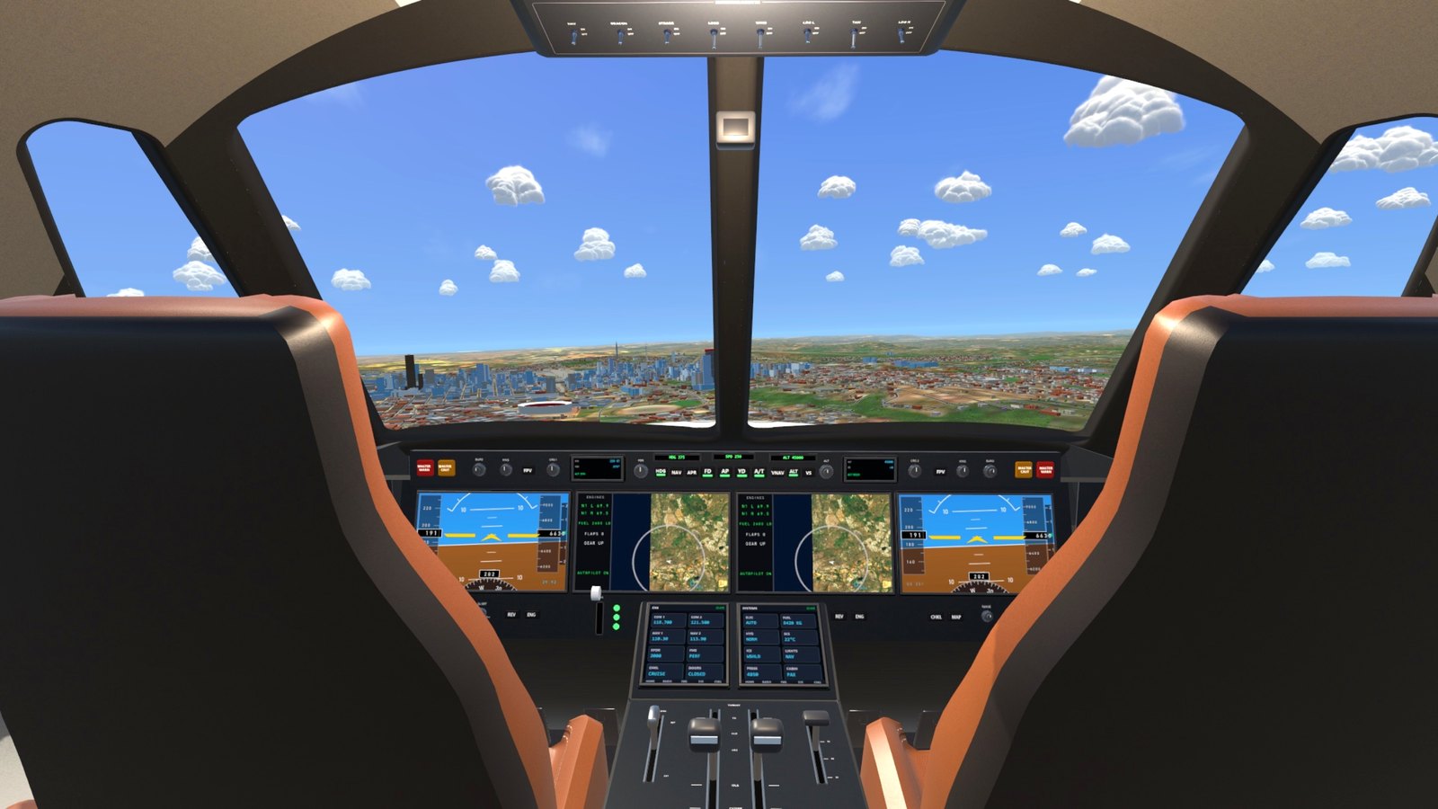 The private jet's flight deck over Johannesburg