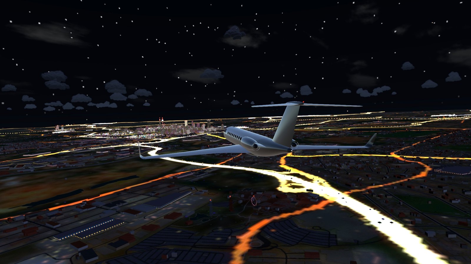 A private jet over the lit city toward Hillbrow at night
