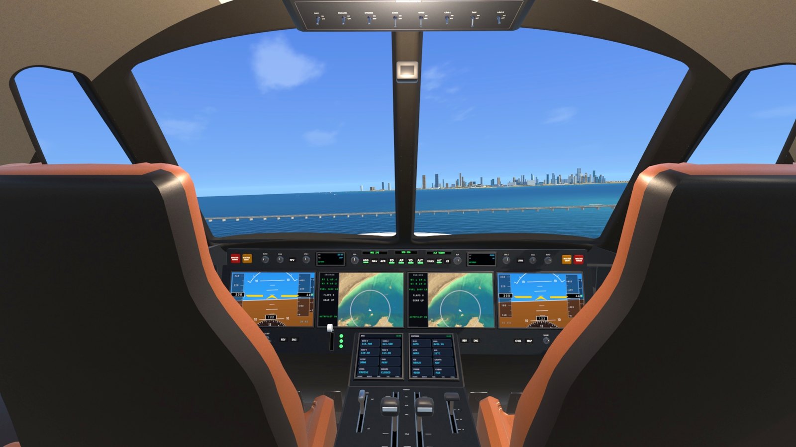 The private jet's flight deck over Kuwait Bay