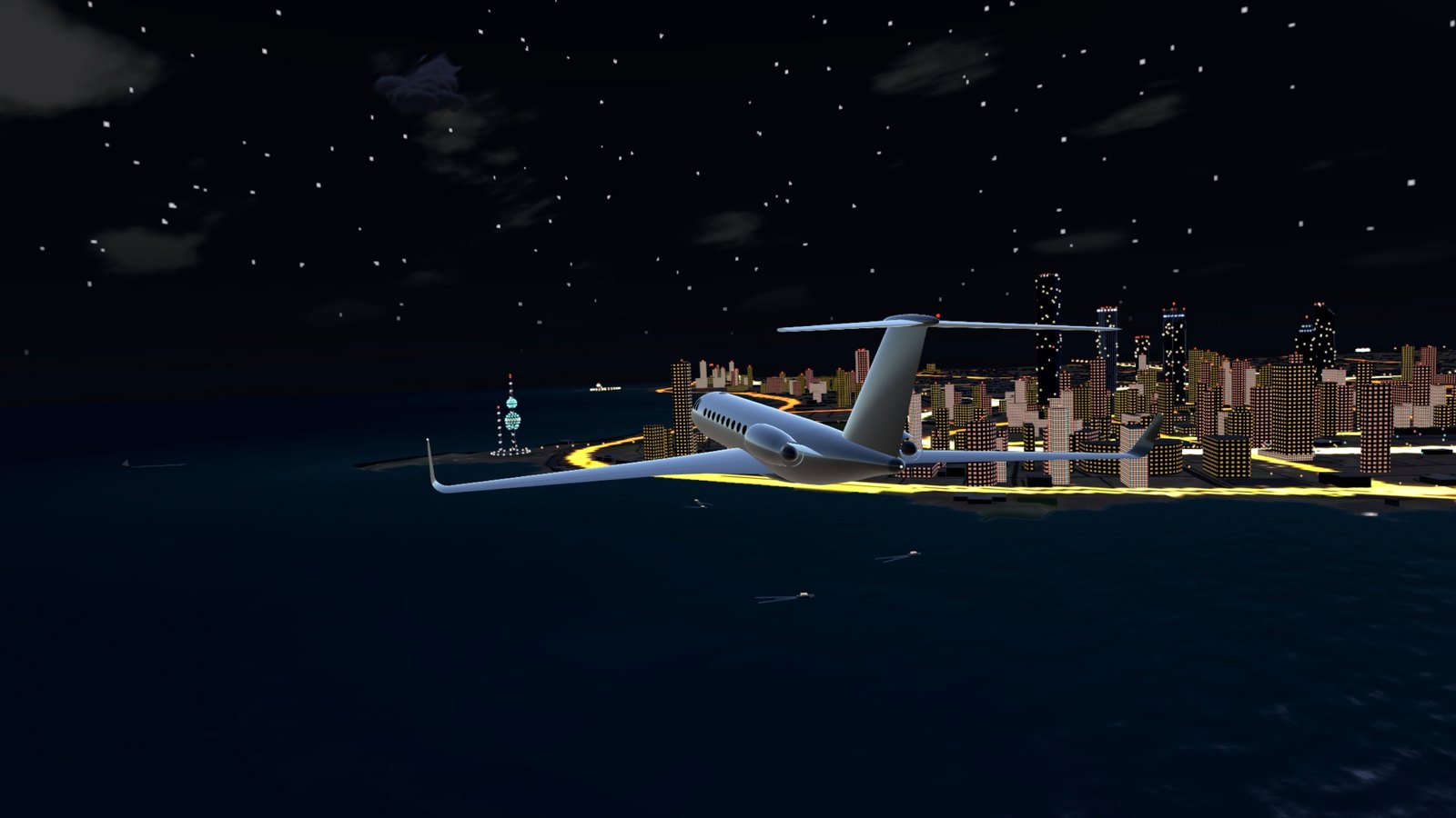 The jet over the city at night