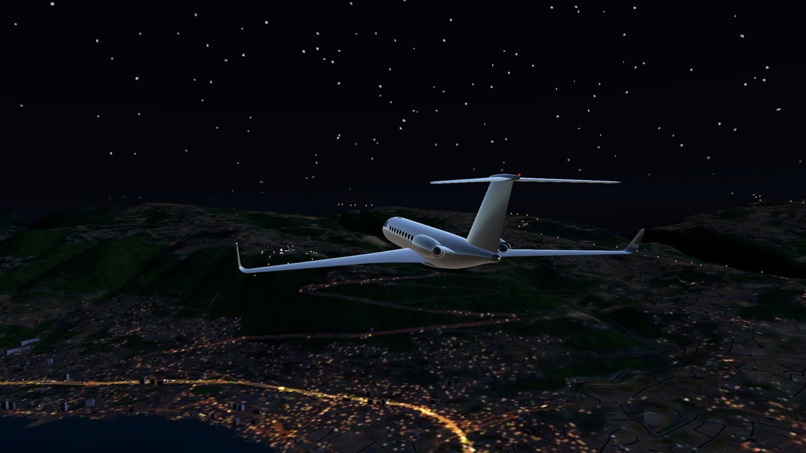 The jet over the city at night