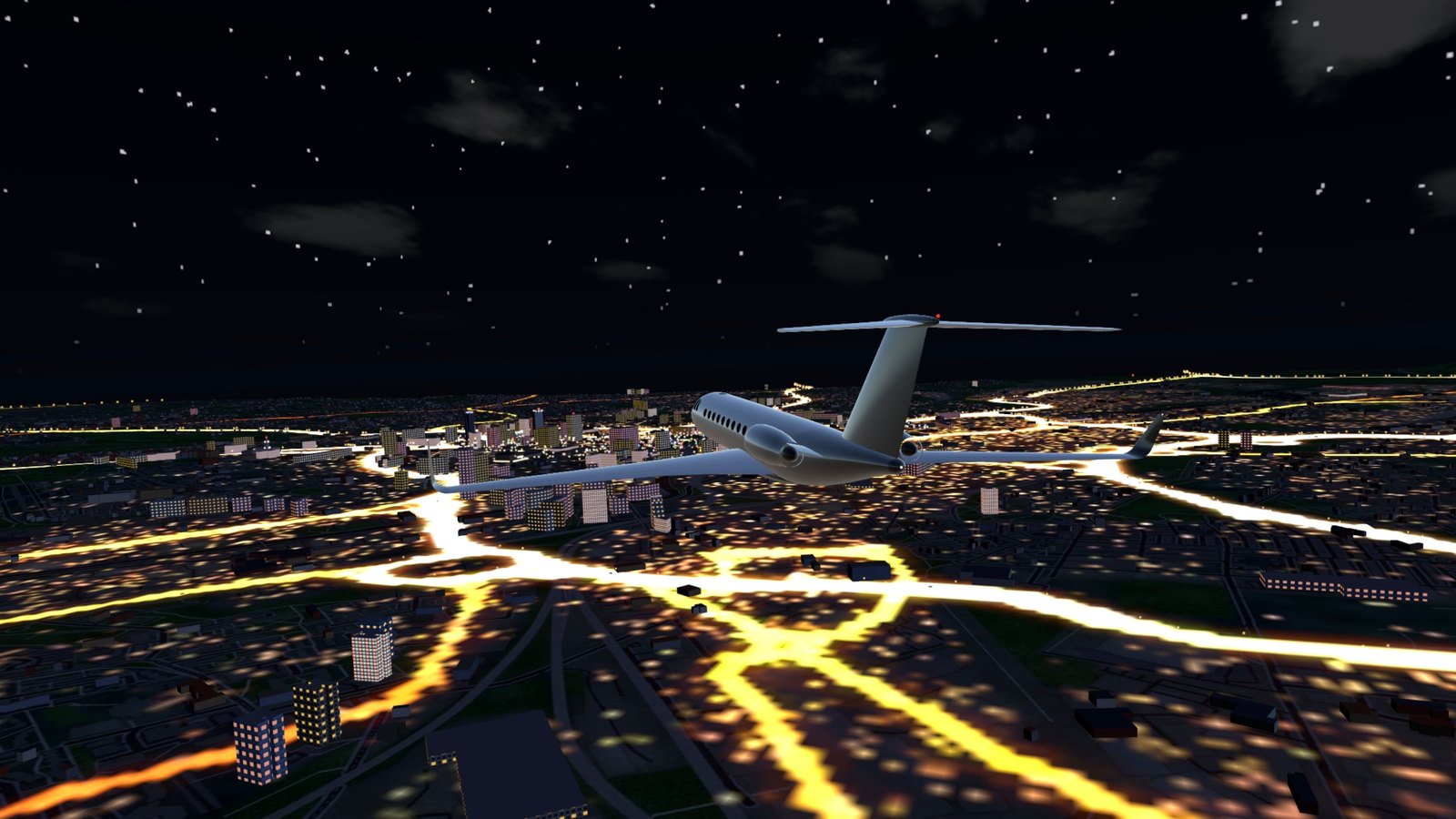The jet over the city at night