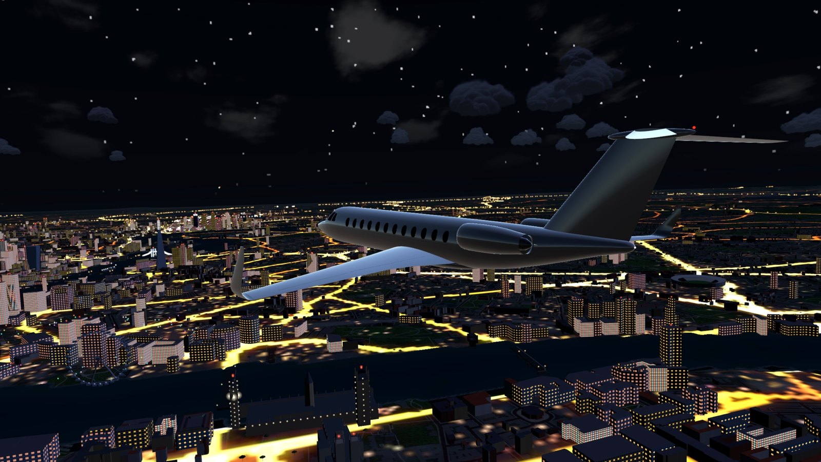A long-range jet over the lit West End at night