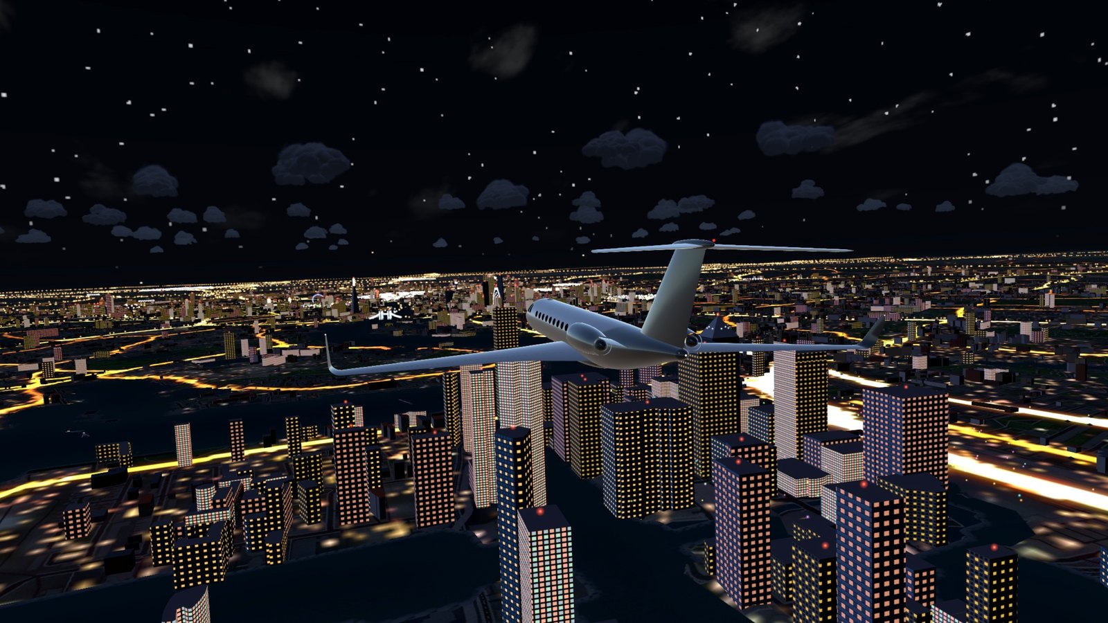 A private jet over Canary Wharf toward Tower Bridge at night