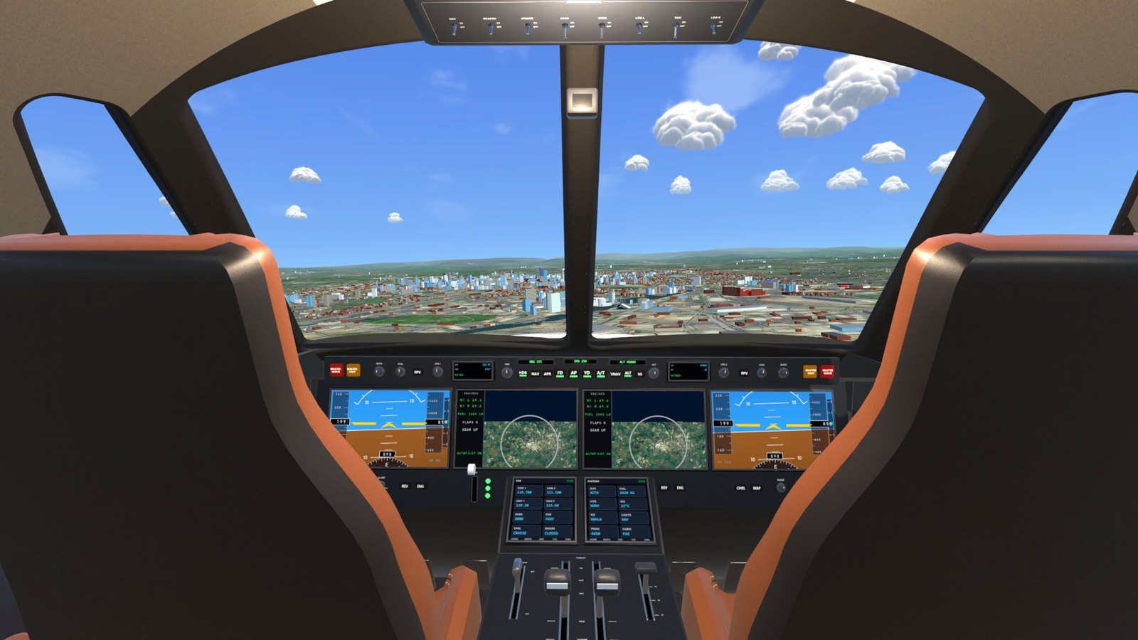 The private jet's flight deck over the city