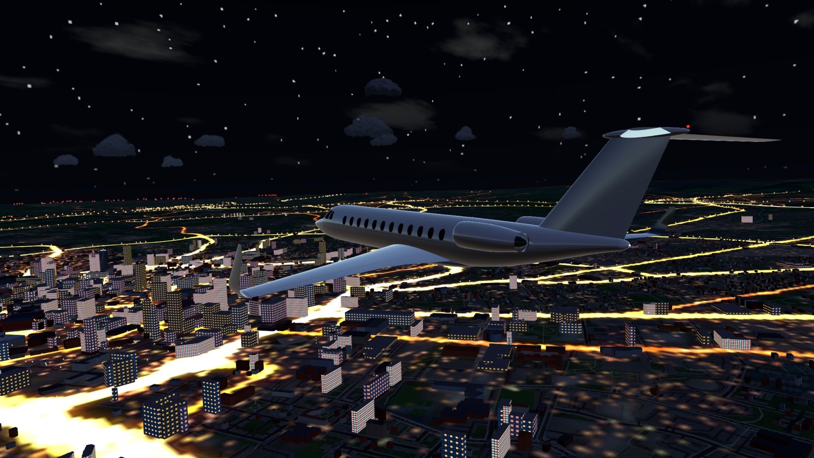 A long-range jet over lit Manchester at night