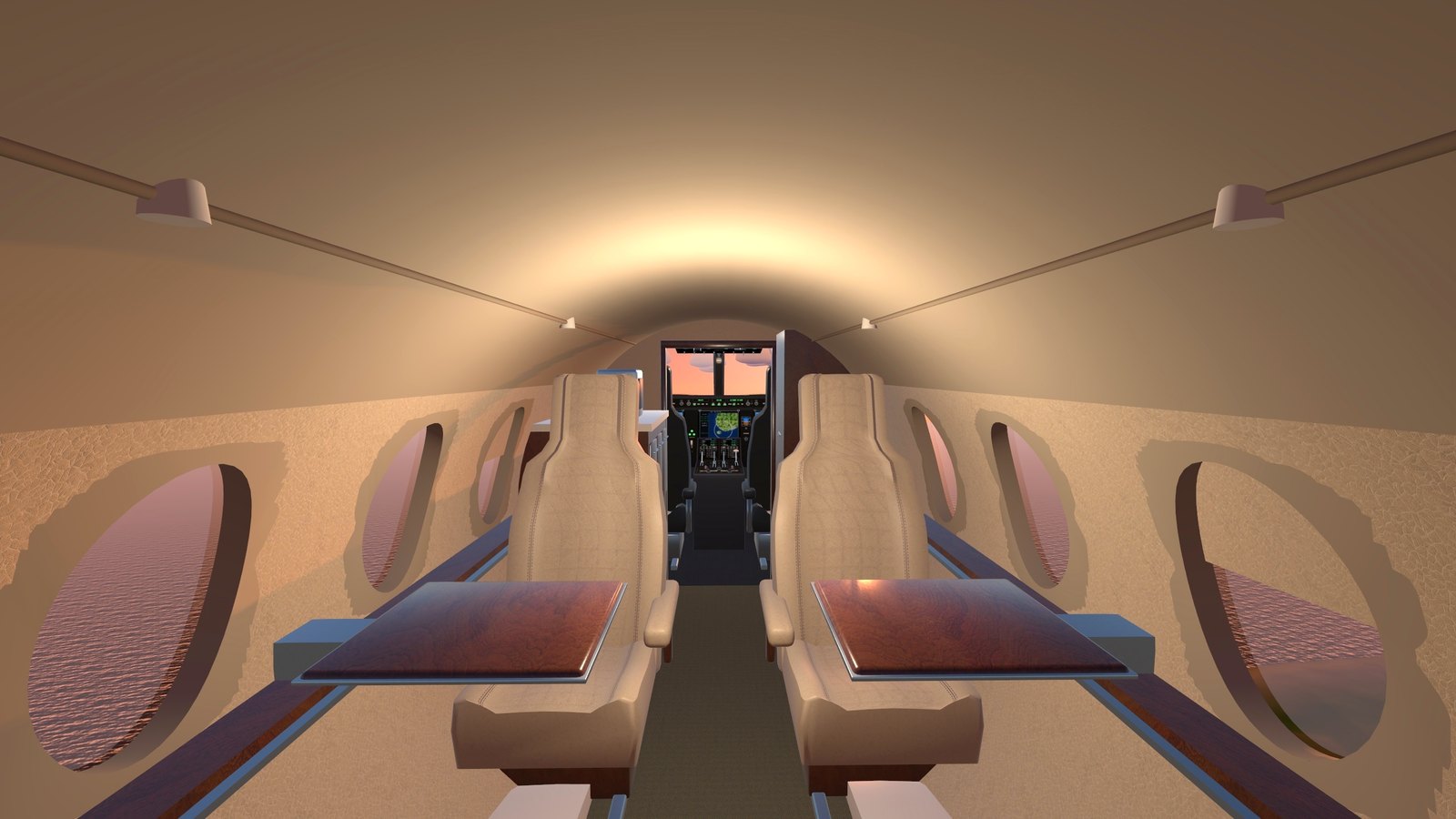 The private jet's cabin at golden hour
