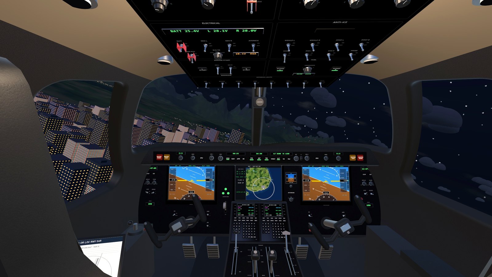 The cockpit at night over the city lights