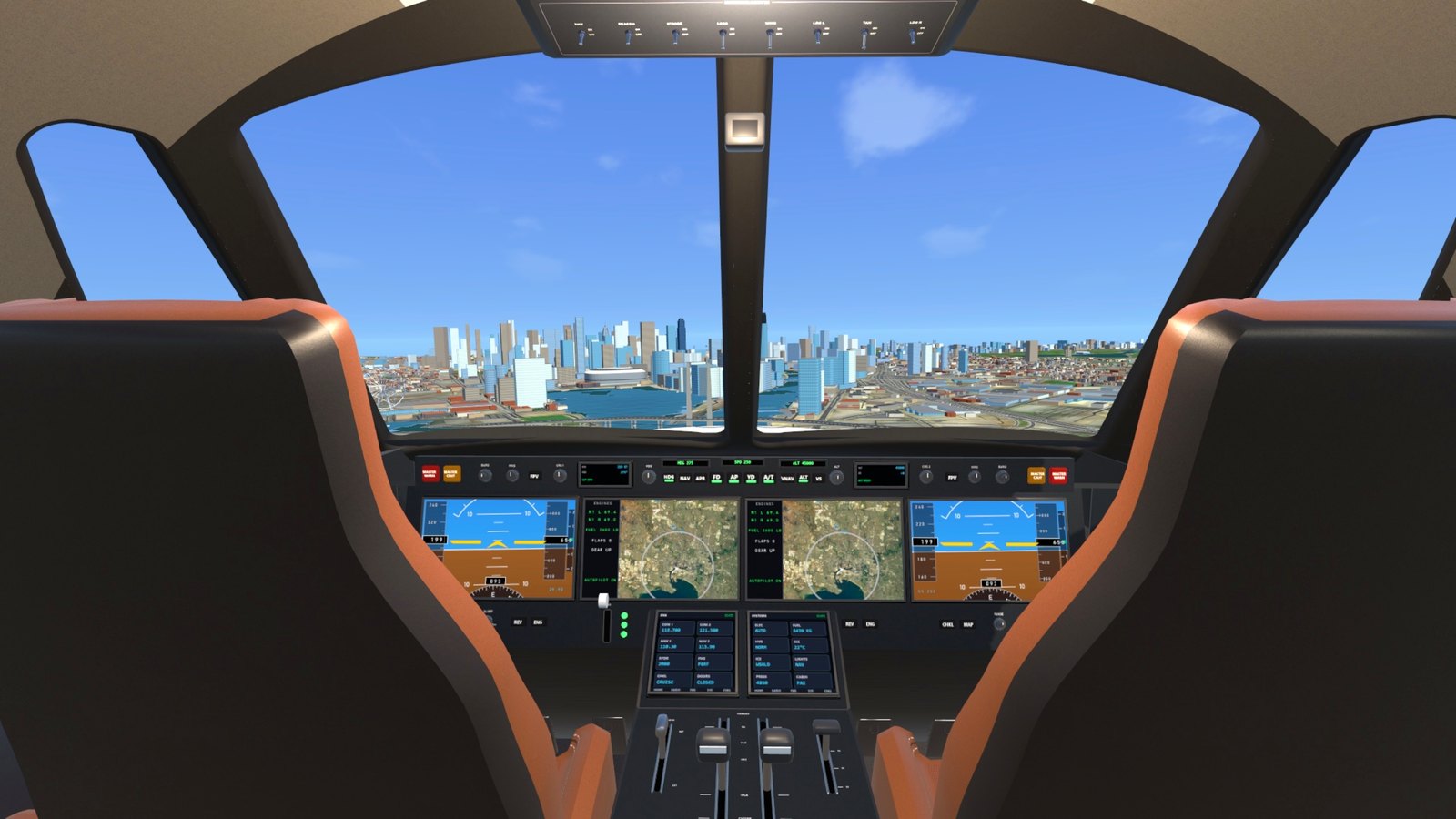 The private jet's flight deck over Melbourne