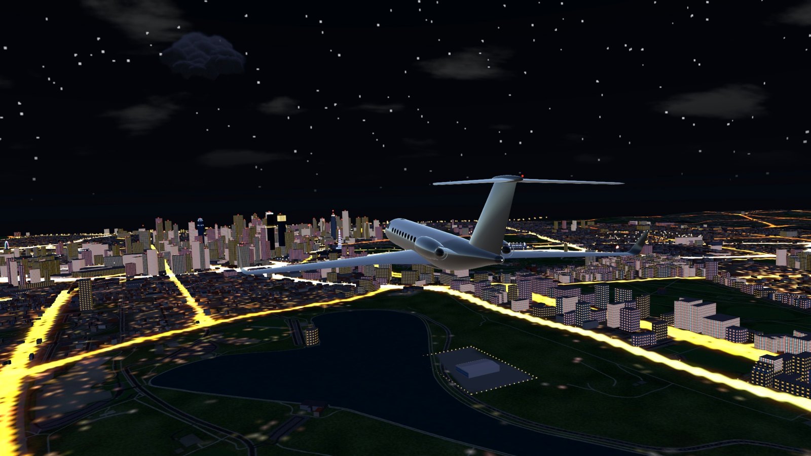 The jet over the city at night
