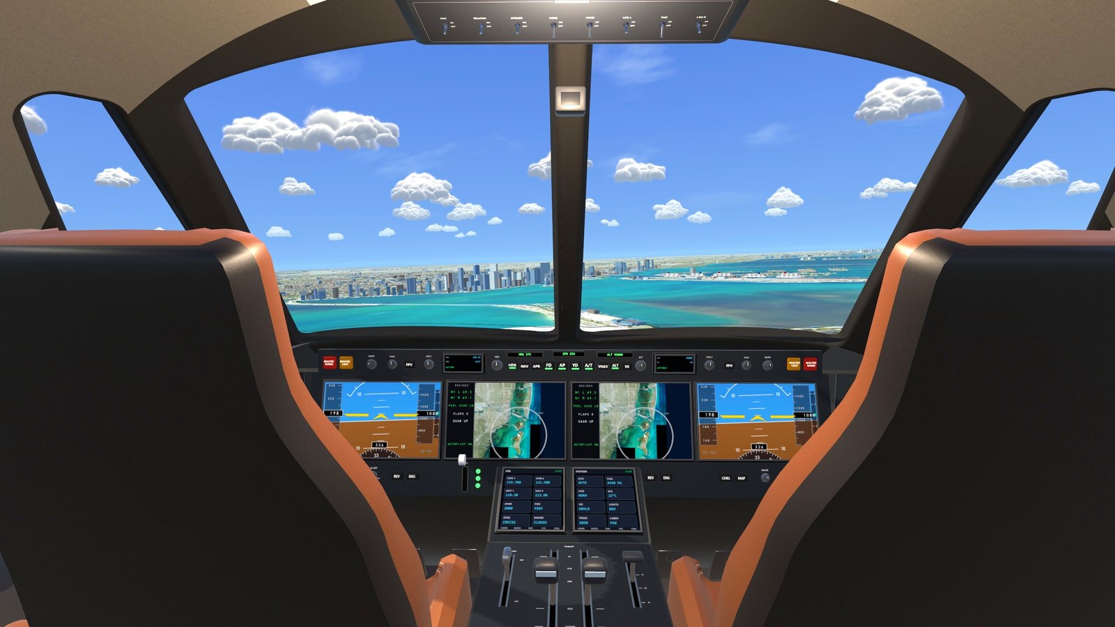 The private jet's flight deck over Biscayne Bay