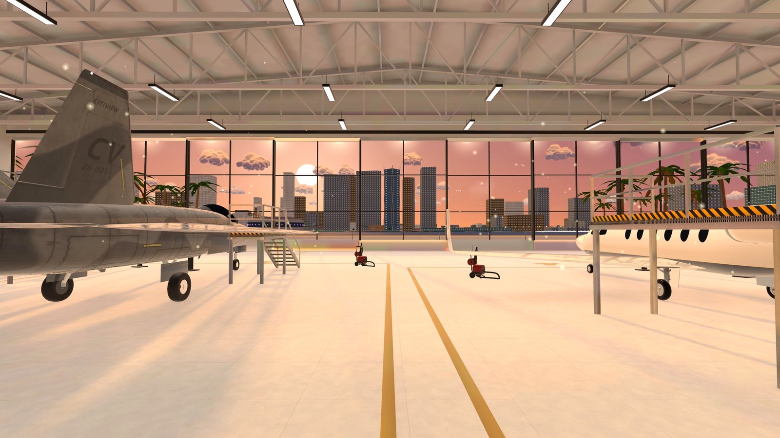 Your glass hangar, the skyline through the doors at golden hour