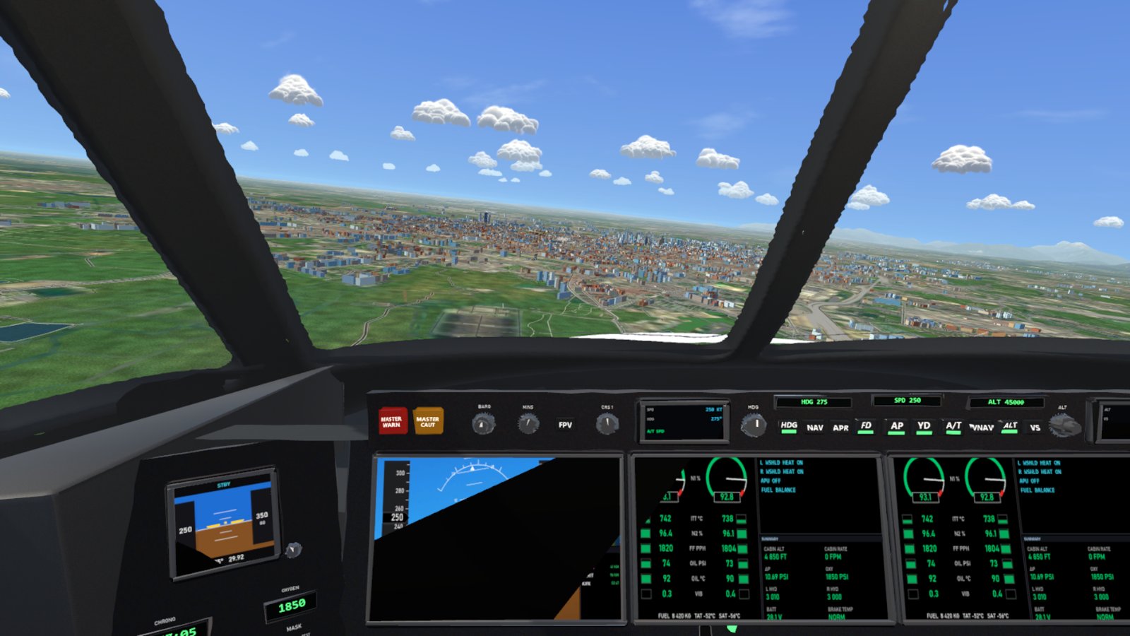 The private jet's flight deck over the city