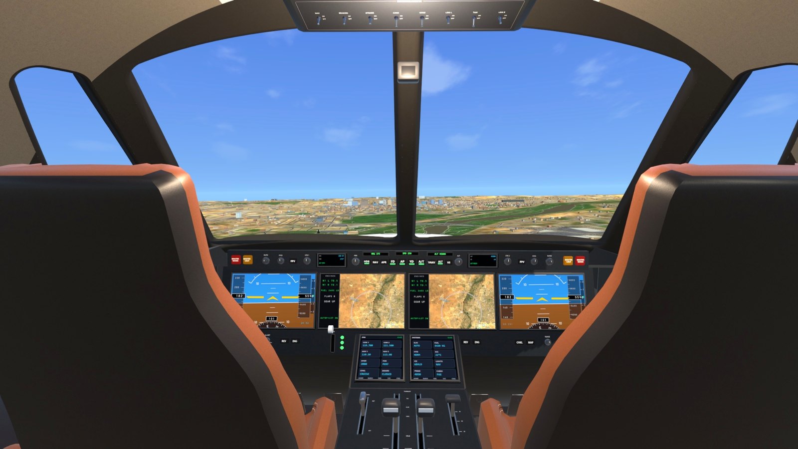 The private jet's flight deck over the Rio Grande
