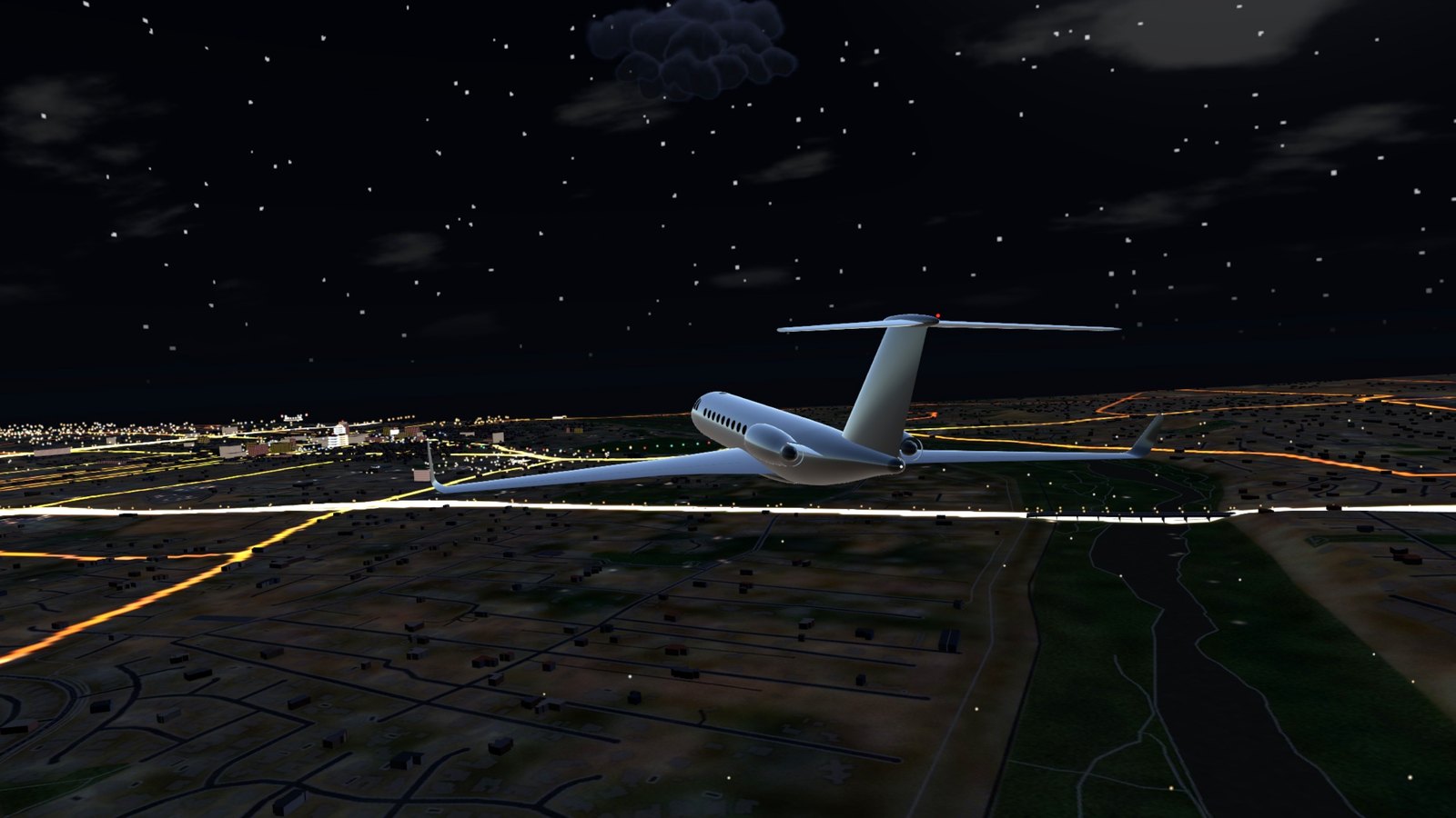 The jet over the city at night