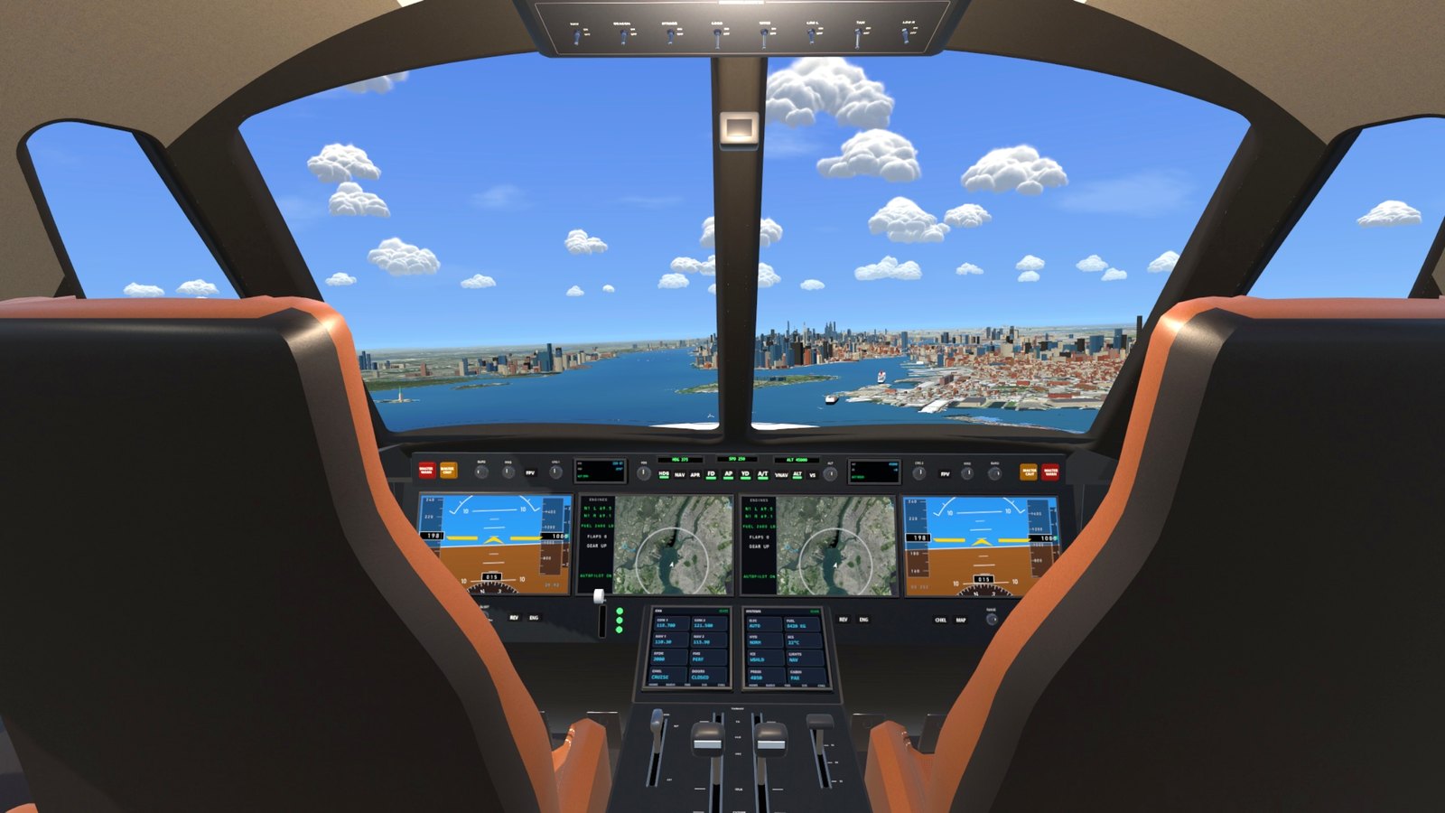 The private jet's flight deck over New York Harbor