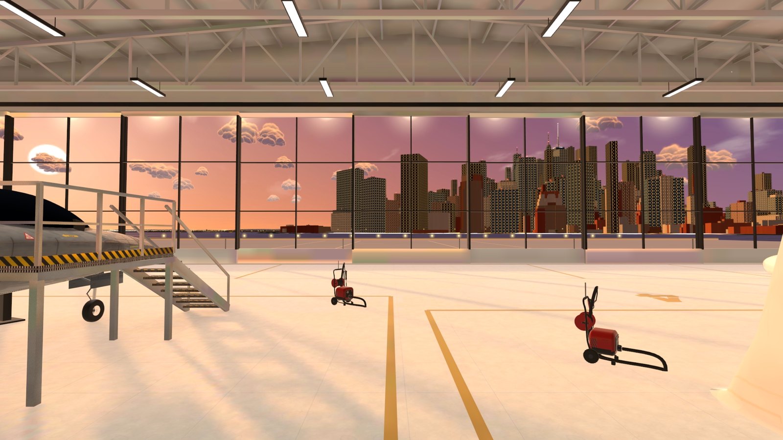 Your glass hangar, Lower Manhattan through the doors at golden hour