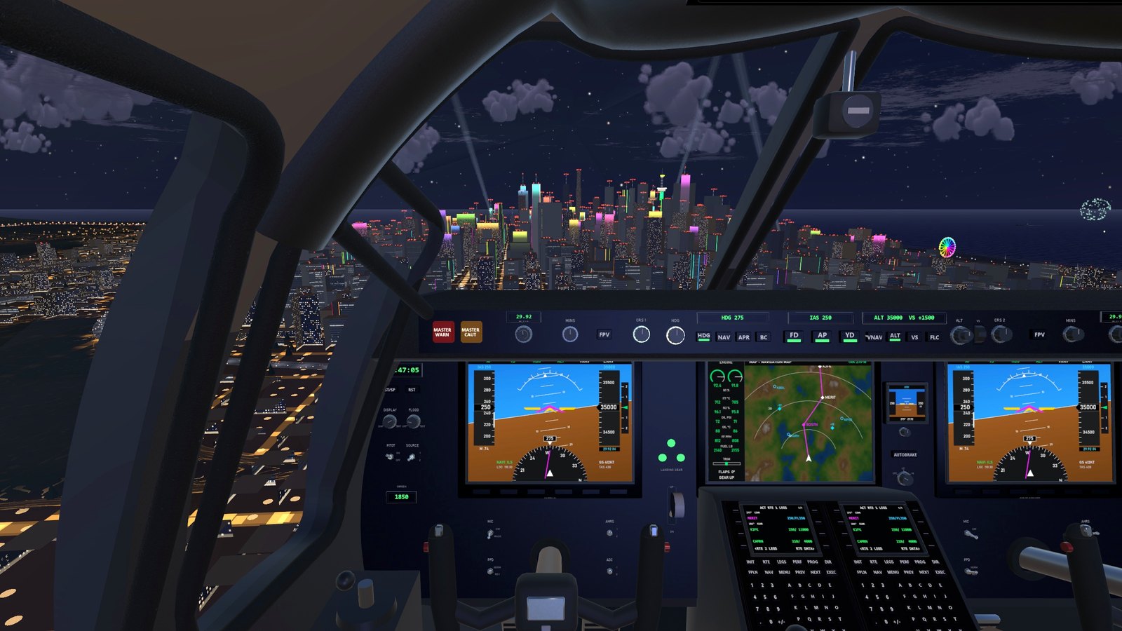 The jet's cockpit over the night skyline