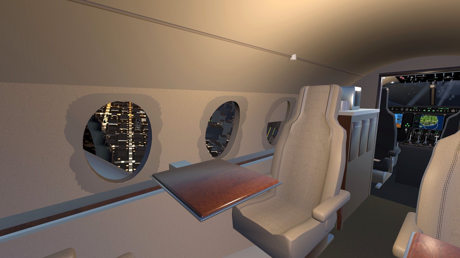 The private jet's cabin, the city lights in the windows
